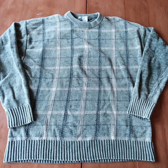 Vtg 90s Geoffrey Beene Plaid Green Sweater Crewneck Mens L Grandpa 100% Cotton - Picture 1 of 7